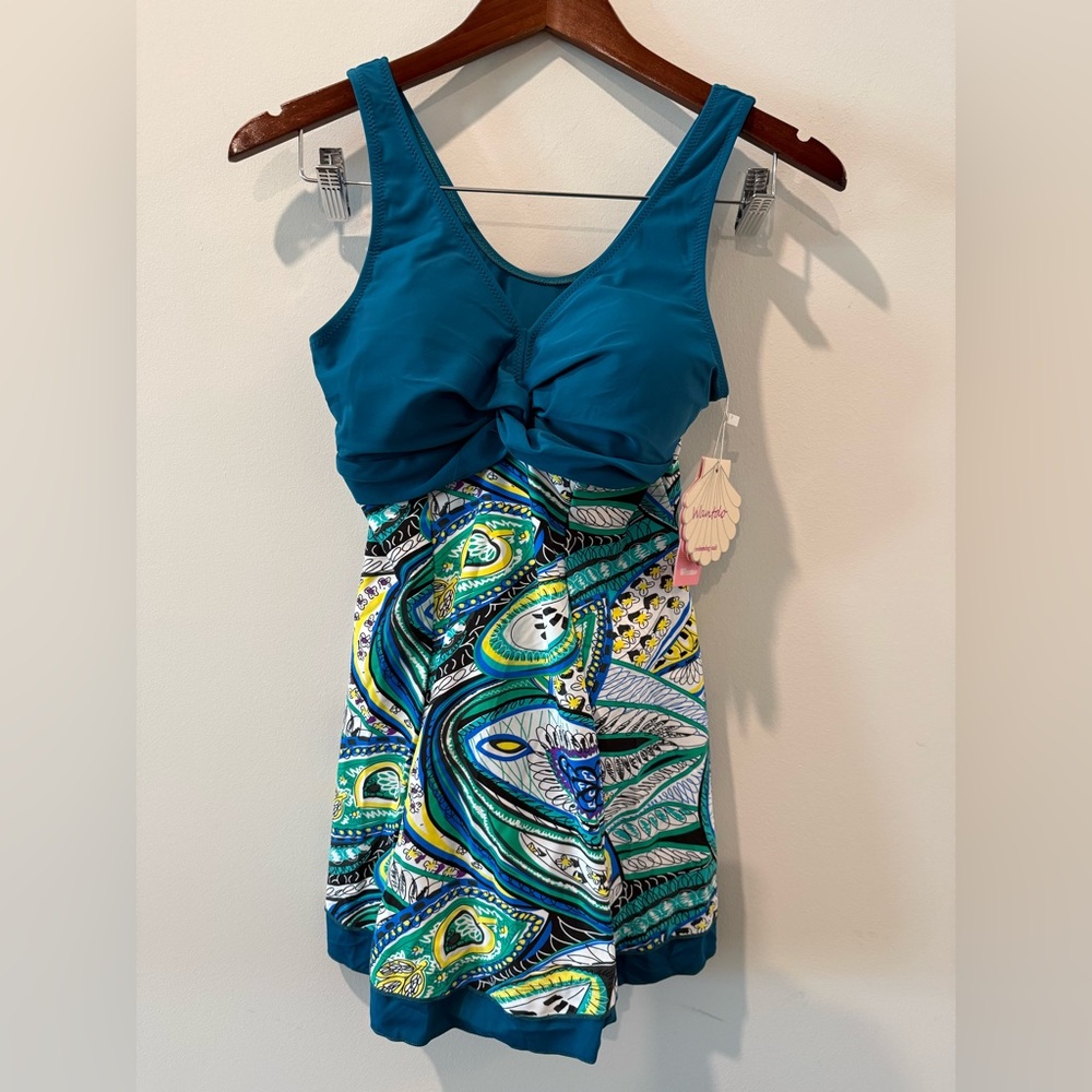 Teal and Multicolor Women Swim One Piece Dress Size 10-12